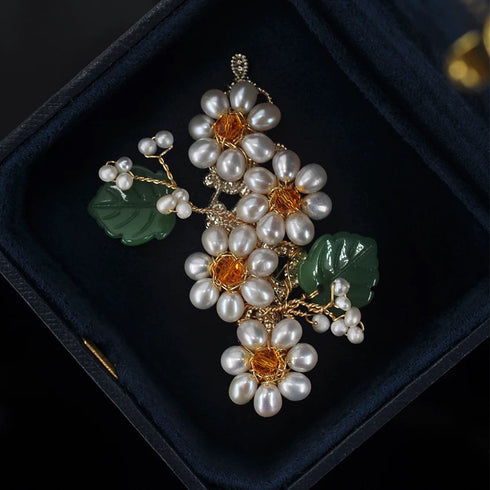 Floral Pearl and Green Leaf Hair Barrette